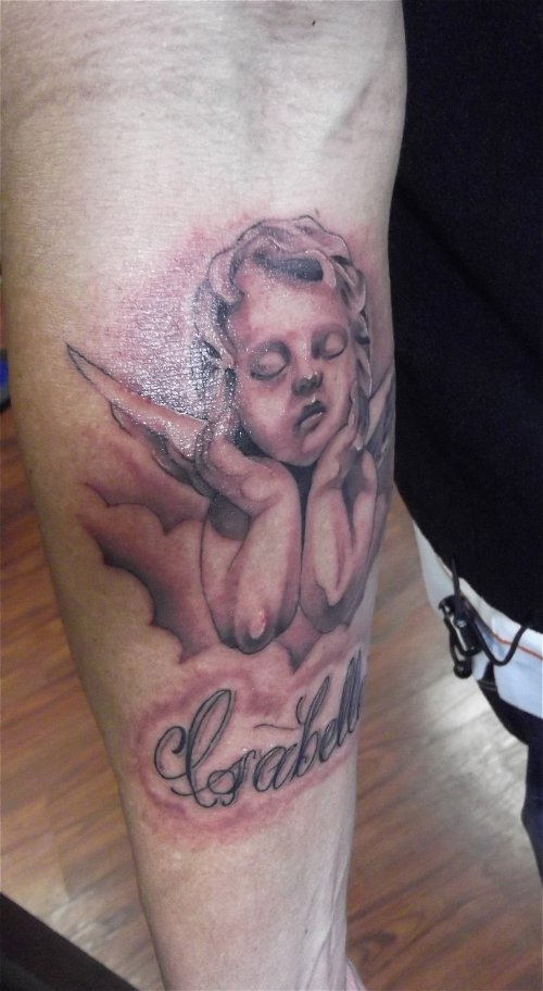 Grey Ink Baby Angel Tattoo On Arm