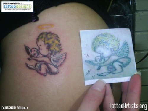 Colored Cherub Angel Tattoo On Side