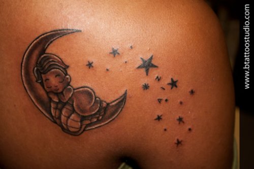 Stars And Baby Sleeping On Moon Tattoo On Back Shoulder