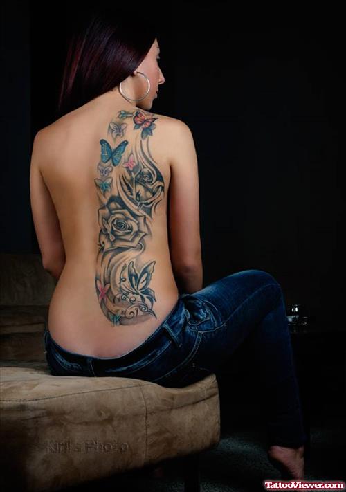 Grey Rose And Colored Butterflies Back Tattoo For Girls