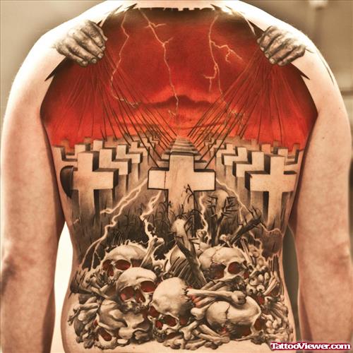 Grey Ink Skulls And Many Cross Back Tattoos