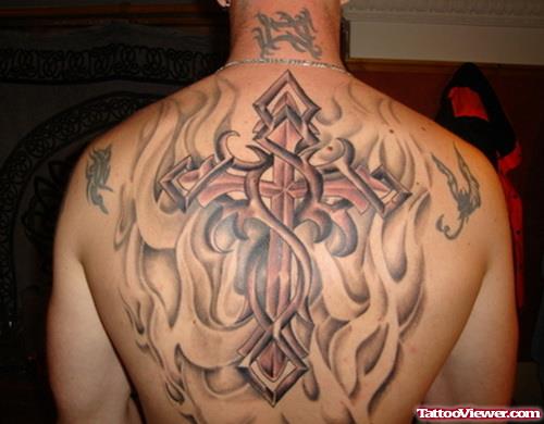 Cross In Flames Grey Ink Back Tattoo