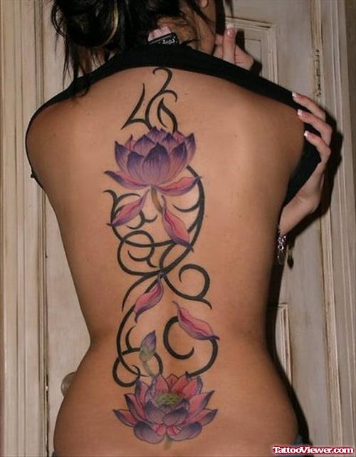 Colored Lotus Flower and Back Tattoo For Girls