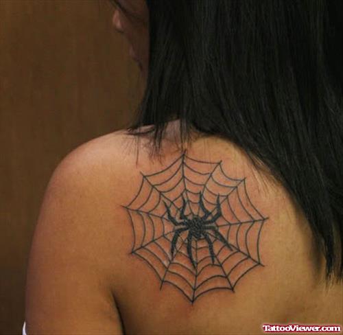 Spider And Spider Web Back Tattoo For Girls