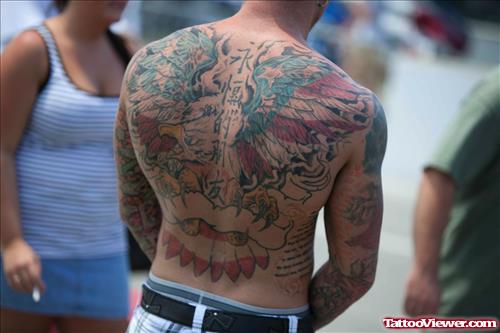 Kanji Symbolos And Colored angel Wings Back Tattoo For Men