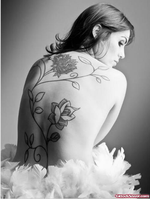 Grey Ink Rose Flowers Back Tattoo For Girls