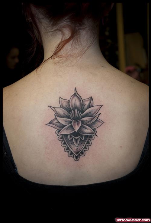 Grey Ink Lotus Flower Back Tattoo