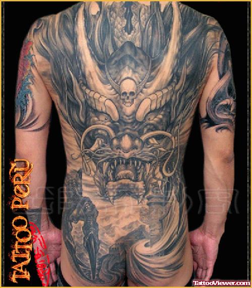Demon Grey Ink Back Tattoo