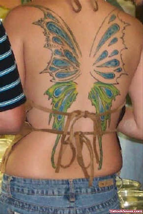 Colored Butterfly Wings Back Tattoo For Girls