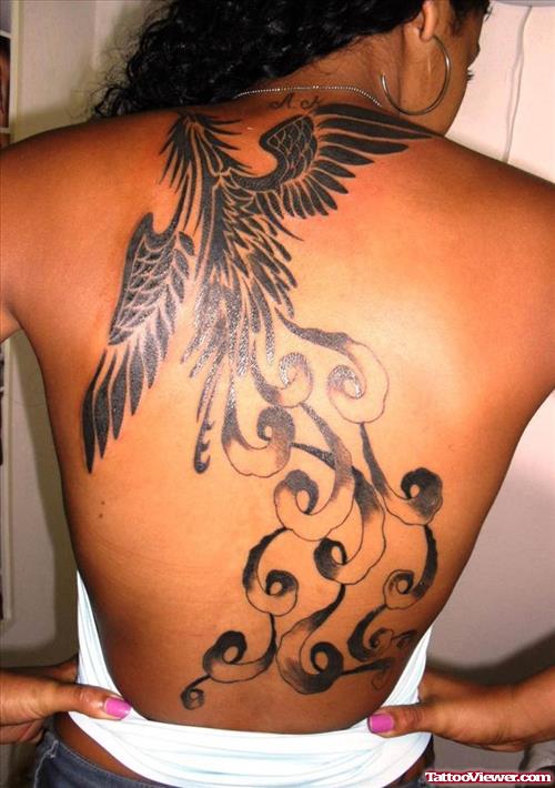 Black Ink Phoeniv Back Tattoo For Girls
