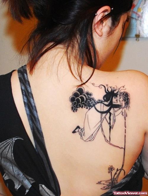 Black Ink Abstarct Back Tattoo For Girls
