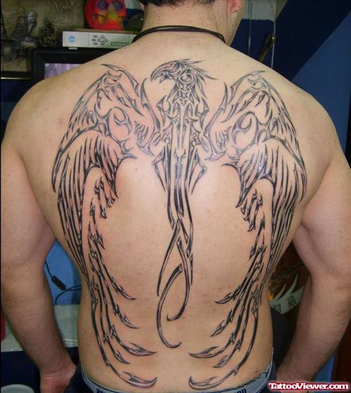 Tribal Phoenix Large Wings Tattoo On Back