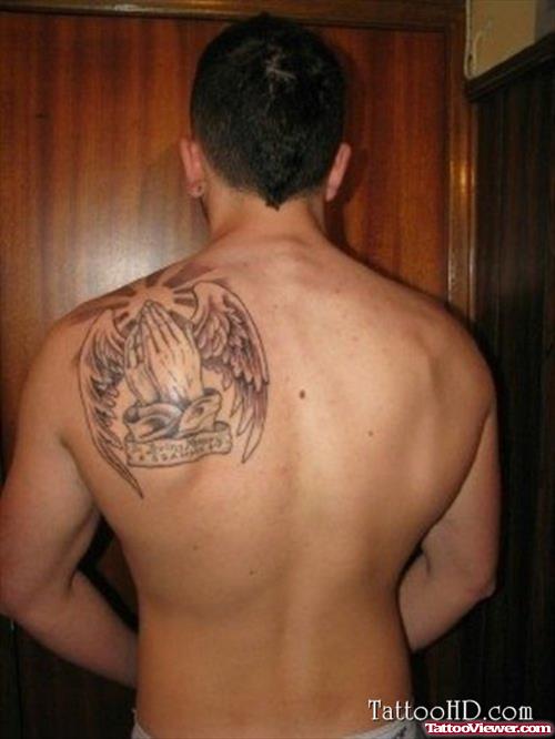 Praying Hands Angel Winged Back Tattoo For Men