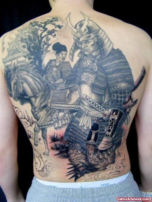 Japanese Warrior and Lady On Horse Grey Ink Back Tattoo