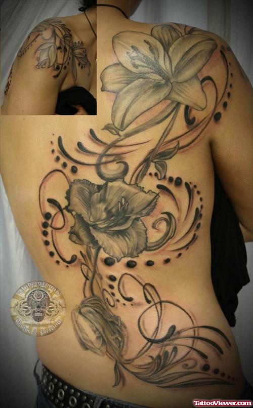 Grey Ink Flowers Tattoo On Back