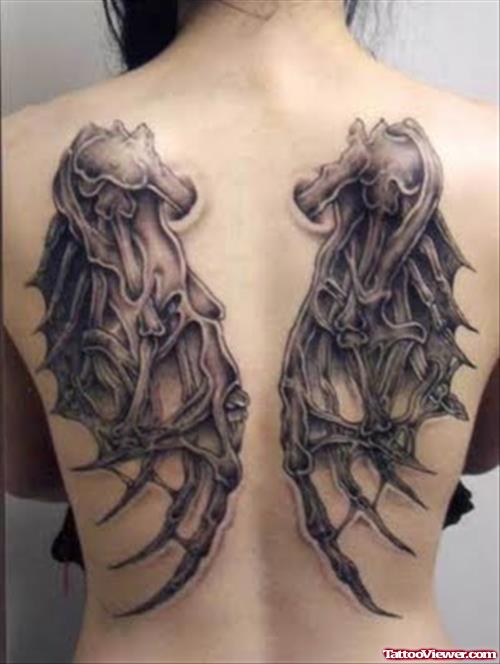 Grey Ink Devil Wings Back Tattoo For Girls