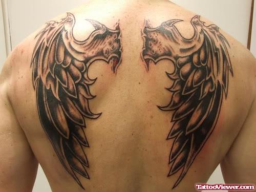 Grey Ink Back Angel Wings Tattoo