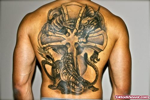 Dragon And Tiger With Cross Back Tattoo