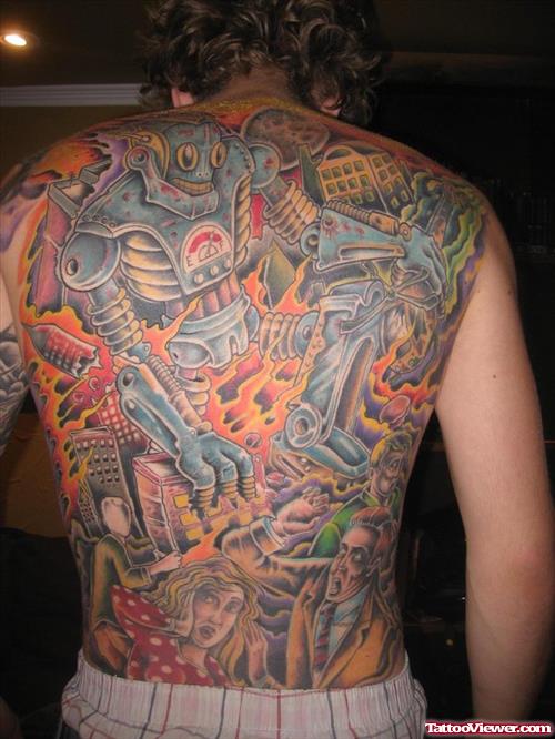 Colored Ink Robot Back Tattoo