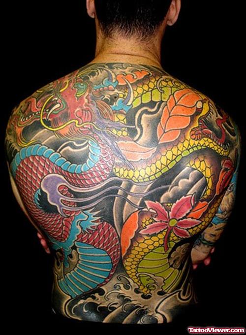Colored Ink Dragons Back Tattoo For Men