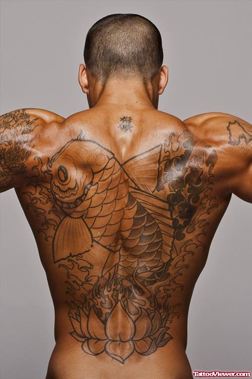 Black Ink Koi Full Back Tattoo