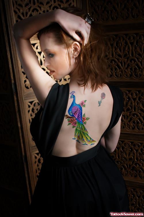 Beautiful Colored Back Tattoo On Girl Back