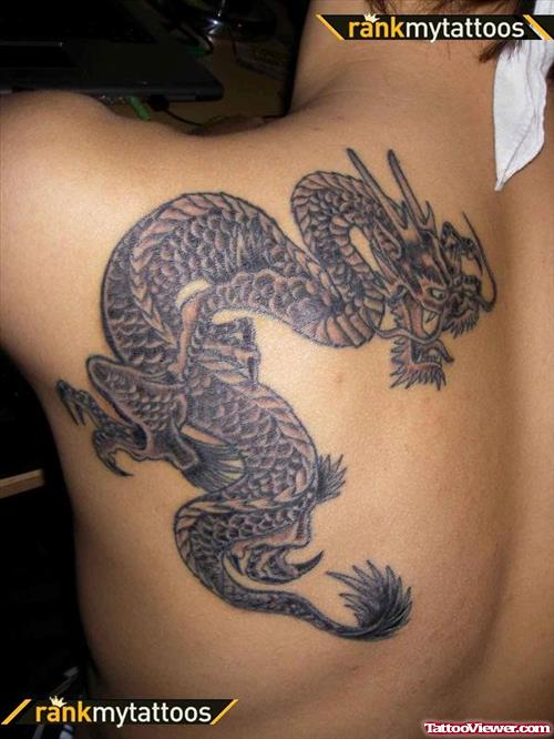 Amazing Grey Ink Dragon Back Tattoo