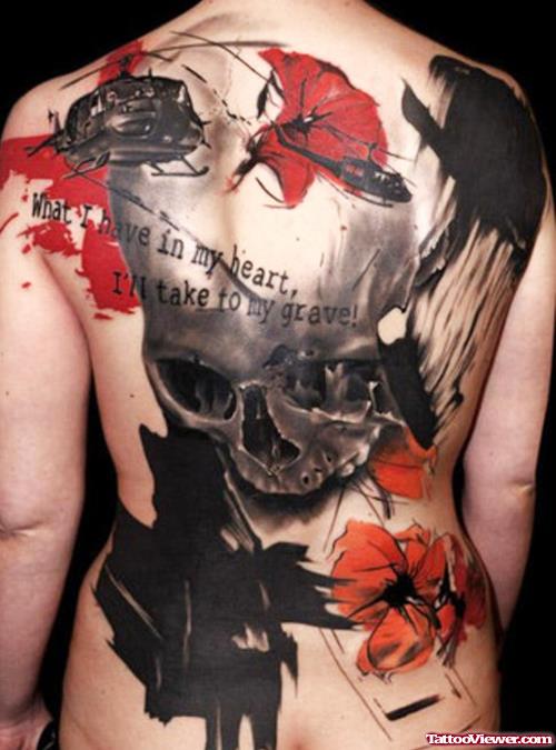 Abstract Skull And Flowers Back Tattoo
