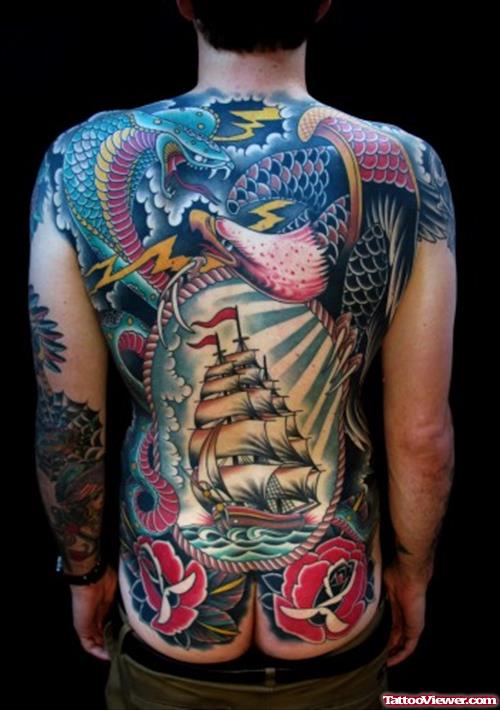 Red Flowers Hawk Head And Ship Back Tattoo