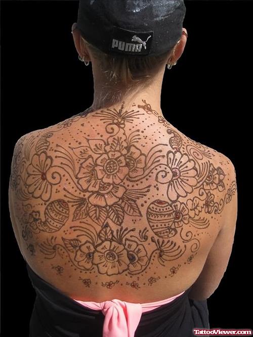 Henna Flowers Back Tattoo For Girls
