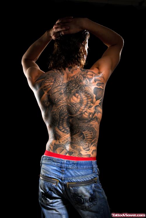 Grey Ink Large Dragon Full Back Tattoo