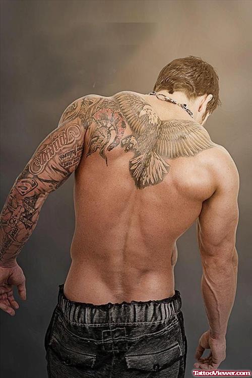 Flying Eagle Back Tattoo For Guys