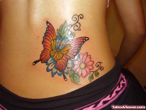 Colorful Butterfly And Flower Back Tattoo