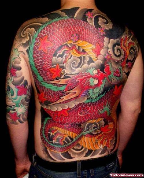 Colored Ink Japanese Dragon Tattoo On Back