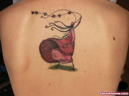 Colored Ink Feminine Back Tattoo For Girls