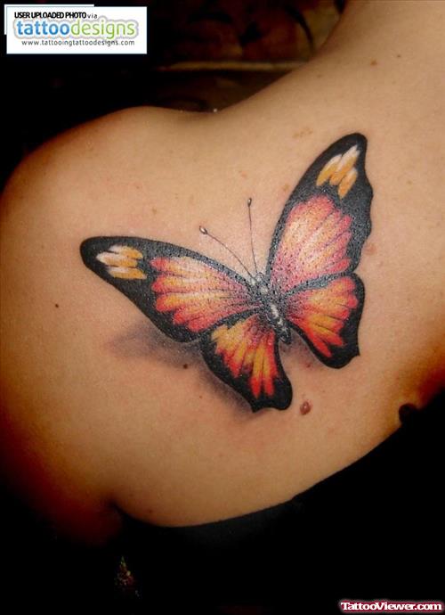 Colored Butterfly Back Shoulder Tattoo