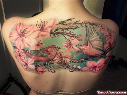 Birds And Pink Flower Colored Upperback Tattoo