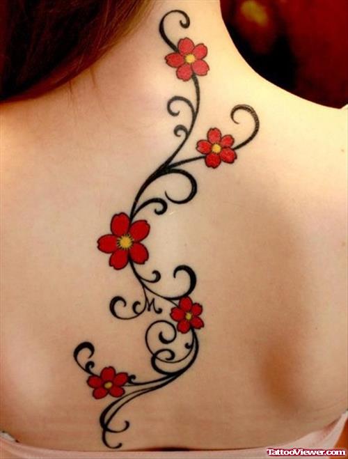 Beautiful Red Flowers Back Tattoo For Girls
