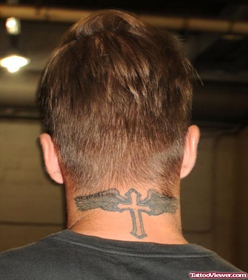 Back Neck Winged Cross Tattoo