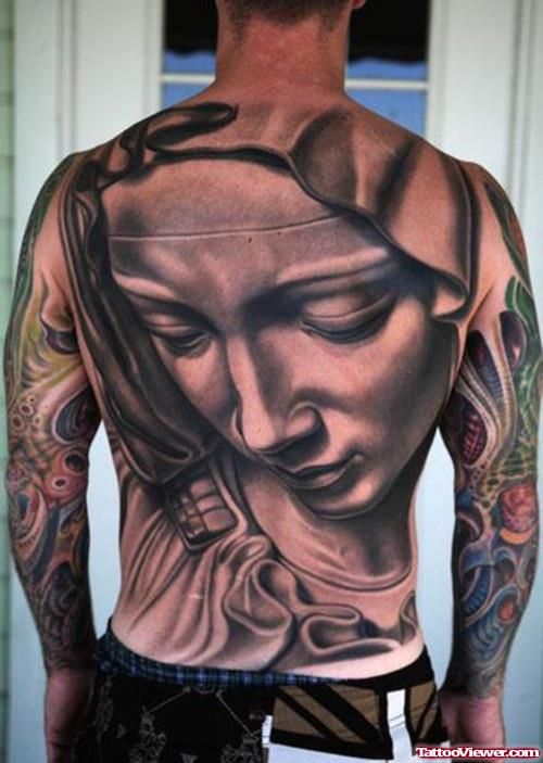 Awesome Grey Ink Mary Back Tattoo