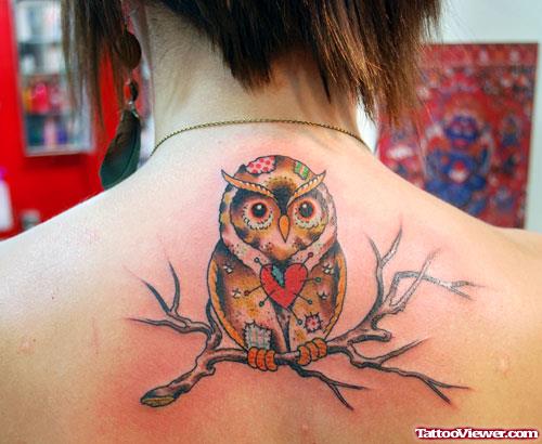 Owl Sitting On Tree Color Ink Back Tattoo