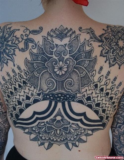 Mandala Grey Ink Back Tattoo For Girls