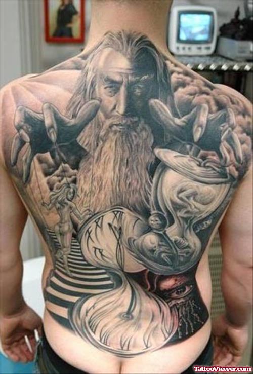 Grey Ink Wizard Clock And Hourglass Back Tattoo