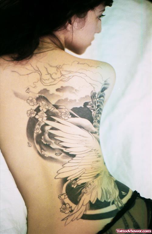 Grey Ink Angel Girl Back Tattoo