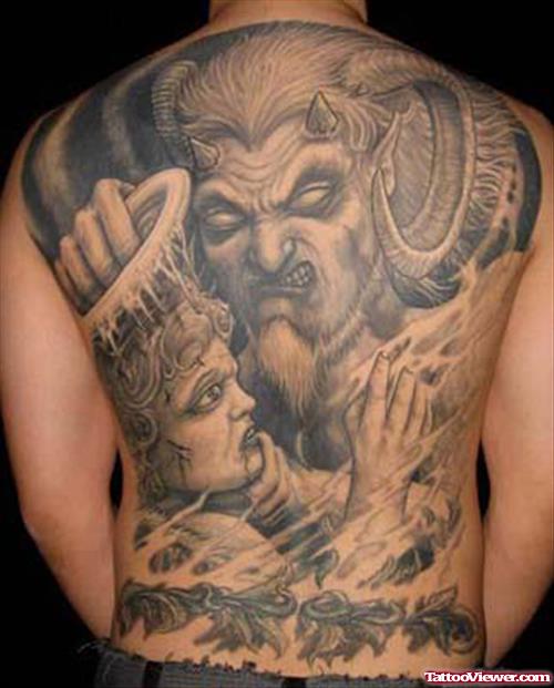 Grey Ink Angel And Devil Back Tattoo