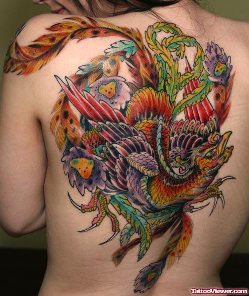Colored Phoenix Back Tattoo For Girls