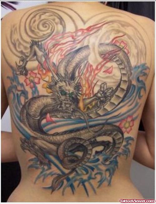 Japanese Flowers And Dragon Back Tattoo
