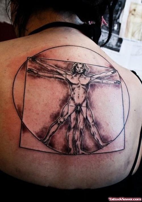 Grey Ink Vitruvian Back Tattoo