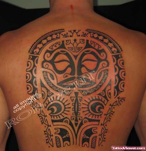 Black Ink Maori Back Tattoo