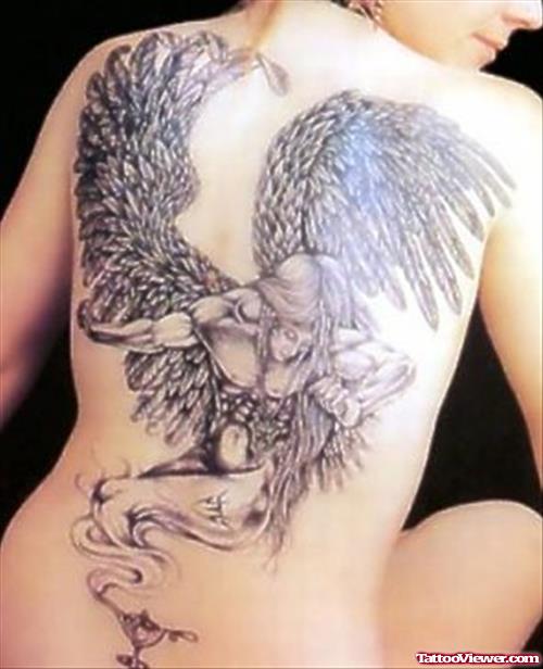 Attractive Grey Ink Angel Girl Back Tattoo